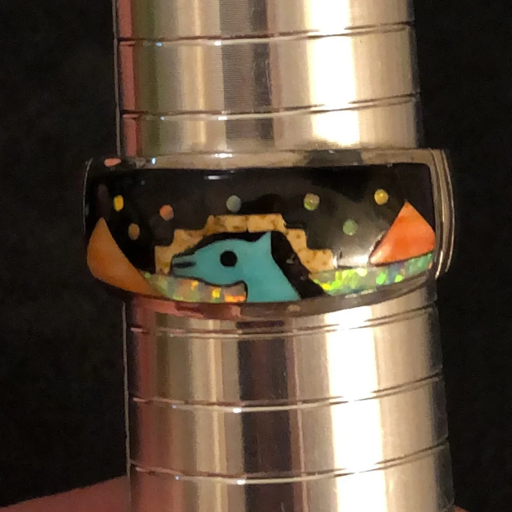 VINTAGE NATIVE AMERICAN RING Sterling Silver Opal Onyx MoonStone Tigers eye .NWT